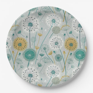 Prato De Papel Dandelion Whimsical - Amarelo, Branco e Teal