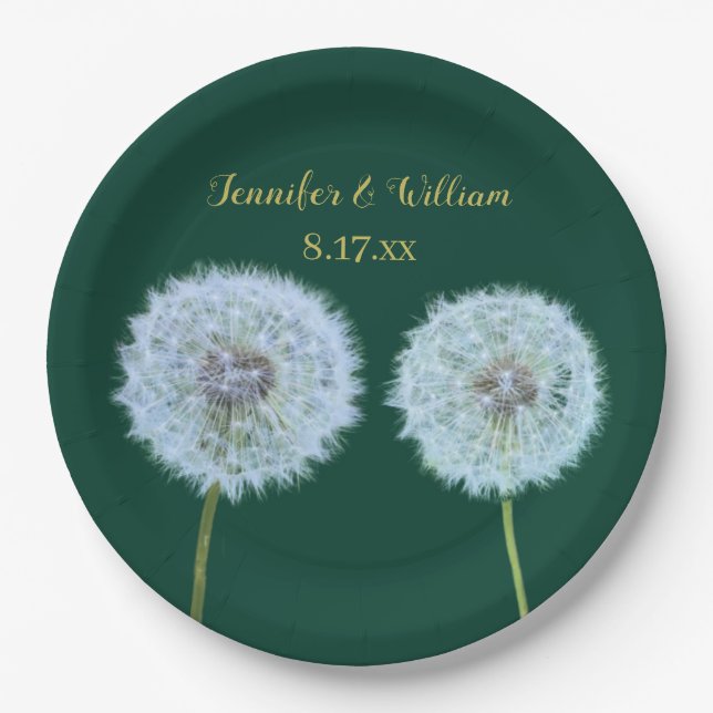Prato De Papel Dandelions, Dandelion Clocks Green Personalizados (Frente)