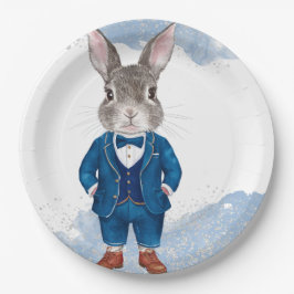 Prato De Papel Dapper Bunny em um Blue Suit Boy e Bowtie Birthda