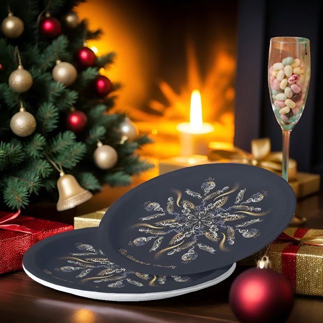 Prato De Papel Dark Blue & Gold Midnight Sparkle Stars New Year  (Criador carregado)