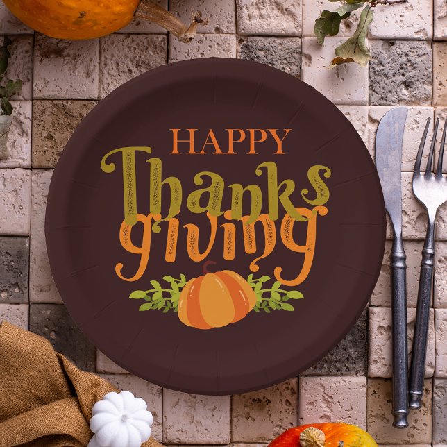 Prato De Papel Dark Brown Happy Graças Ação Queda Pumpkin Amarelo (Criador carregado)