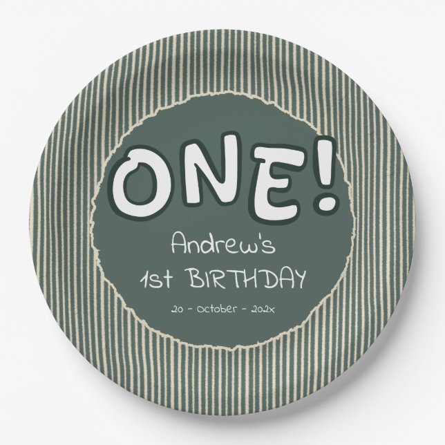 Prato De Papel Dark Green Stripes 1st Birthday (Frente)