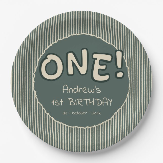Prato De Papel Dark Green Stripes 1st Birthday (Frente)