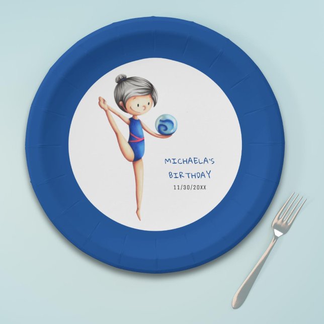 Prato De Papel Dark Hair Girl Gymnastics Birthday Party (Criador carregado)