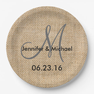 Prato De Papel Data do Monograma de Casamento Rustic Burlap