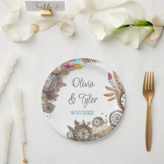 Prato De Papel Data e Nomes de Casamento Floral Steampunk