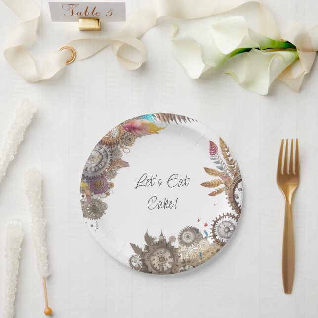Prato De Papel Data e Nomes de Casamento Floral Steampunk (Casamento)