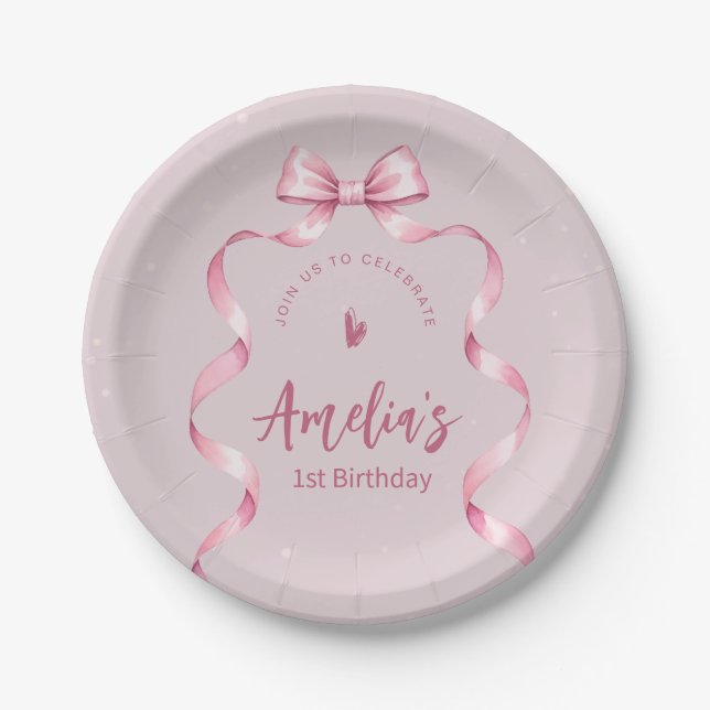 Prato de Papel de Aniversário Coquette com Laço Ro (Frente)