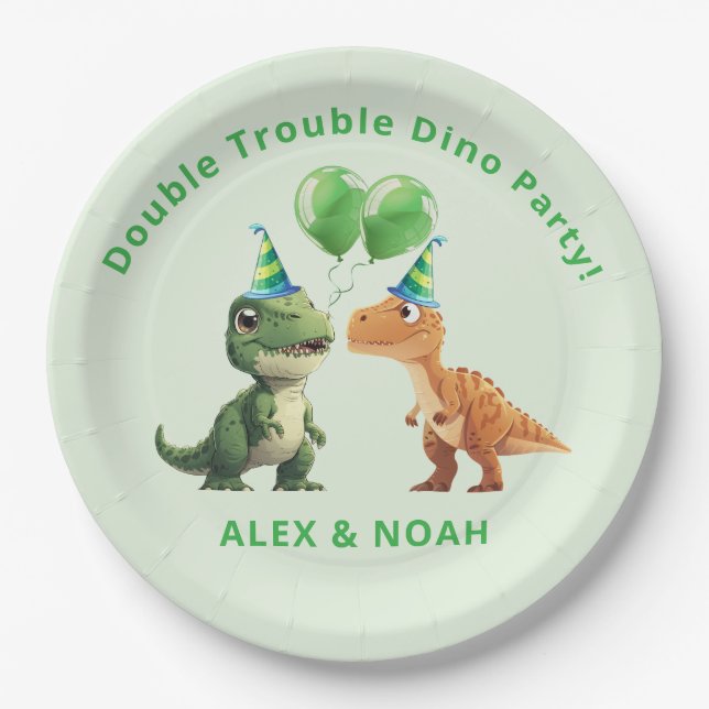 Prato de Papel de Aniversário de Dinossauro Gêmeos (Frente)