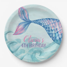 Prato de papel de aniversário de sereia aquarela