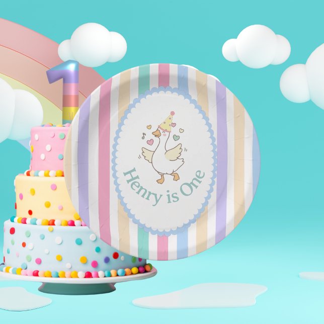 Prato de Papel de Aniversário de Um Ano de Um Gans (Cute "One Silly Goose" 1st birthday plates! Vibrant pastel stripes. Perfect for your little one!)