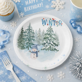 Prato de Papel de Aniversário do Boneco de Neve de