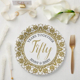 Prato de papel de aniversário dourado e branco
