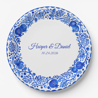 Prato de Papel de Casamento Azul Branco Falso Delf