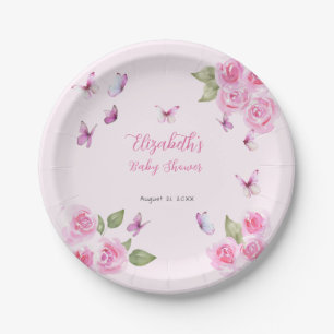 Prato de Papel de Chuveiro de Bebê Borboleta Rosa