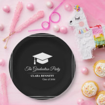 Prato de Papel de Graduação Preto e Branco Moderno