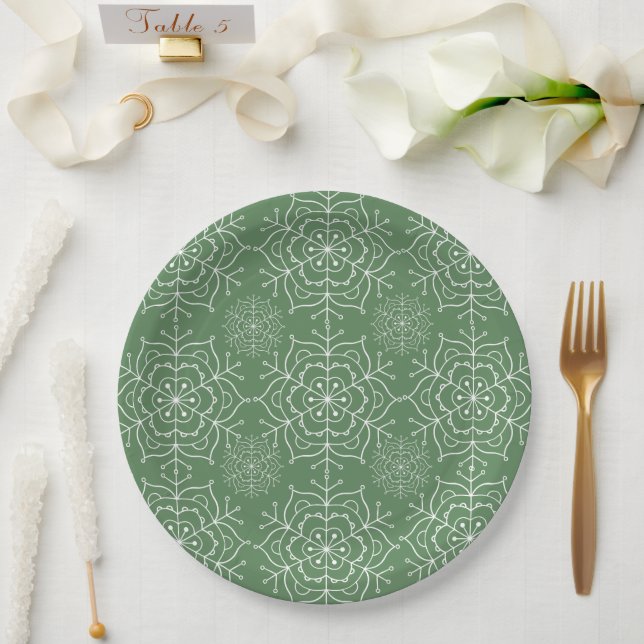 Prato de papel de Natal com floco de neve verde e  (Casamento)