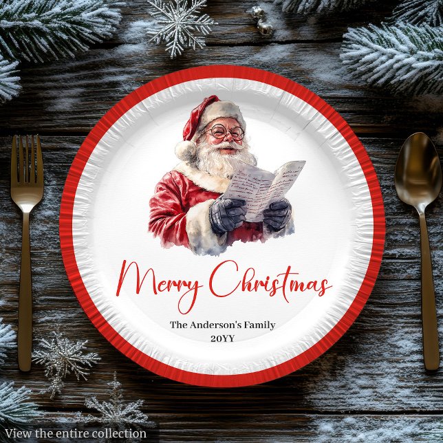 Prato de Papel de Natal Vermelho Branco Papai Noel (Cozy Santa Claus Red White Holiday Paper Plate Design

)