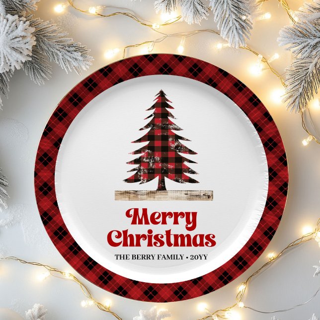 Prato de Papel de Natal Xadrez Preto Vermelho Rúst (Rustic Red Black Plaid Christmas Party Paper Plates)