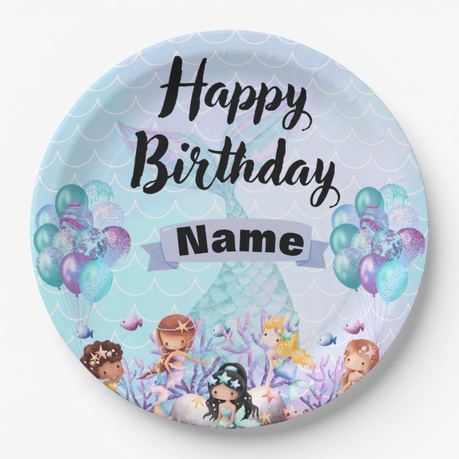 Prato De Papel Decoração da Sereia Whimsical - Azul e Roxo (Frente)