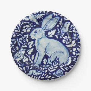 Prato De Papel Dedham Cobalt Blue Rabbit White Placa de Jardim