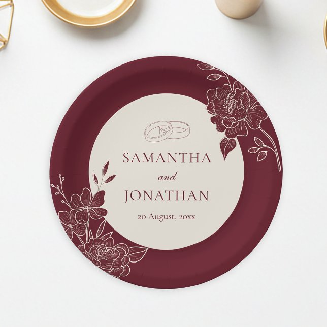 Prato De Papel Deep Burgundy Floral Ivory Circle Wedding (Deep Burgundy Floral Line Art with Ivory Wedding Paper Plate)
