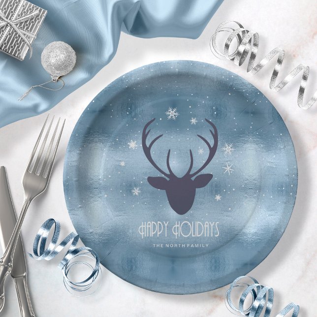 Prato De Papel Deer Antlers Silhouette & Snowflakes Blue ID861 (Criador carregado)