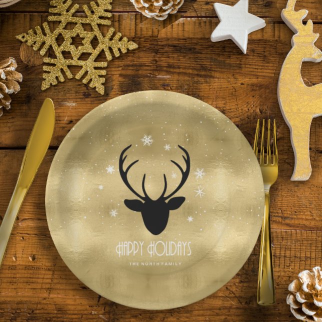 Prato De Papel Deer Antlers Silhouette & Snowflakes Dourado ID861 (Criador carregado)