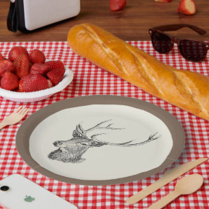 Prato De Papel Deer Buck Head com Antlers Black and White Art