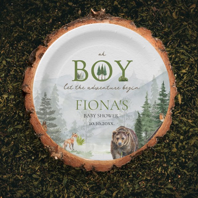 Prato De Papel Deixe A Aventura Começar A Montar O Chá de fraldas (Oh Boy Let the adventure Begin Custom Baby Shower Paper Plate)