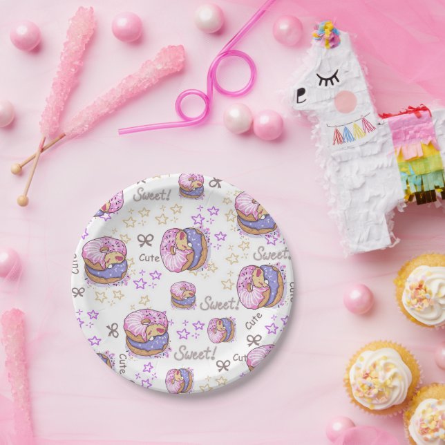 Prato De Papel Delicious Donuts Pink purple kids birthday party (Festa)