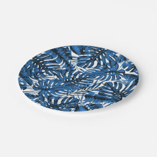 Prato De Papel Denim Azul Médio Folhas de Palma Tropical Casament