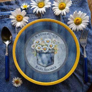 Prato De Papel Denim Blue Jean   Daisies Floral Chá de fraldas