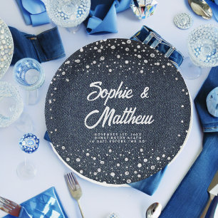 Prato De Papel Denim Diamantes Pérolas Chá de casamento Azul
