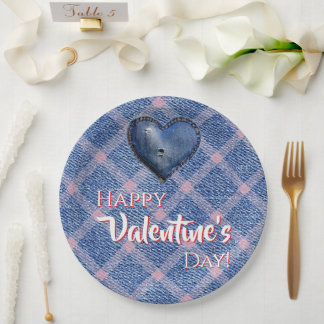 Prato De Papel Denim Heart Valentine's Day Party Plaid