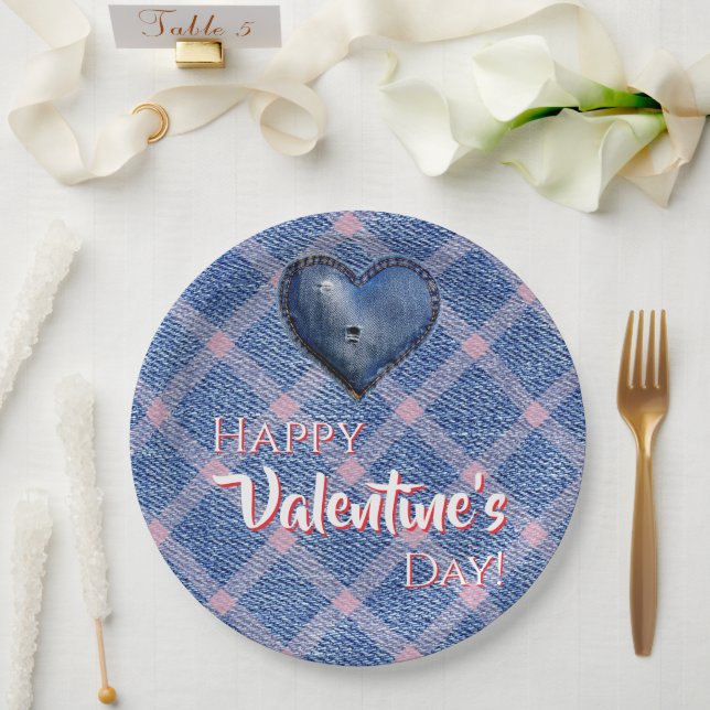 Prato De Papel Denim Heart Valentine's Day Party Plaid  (Casamento)
