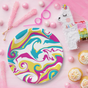 Prato De Papel Derramar - Turquesa, Amarelo, Rosa e Branco