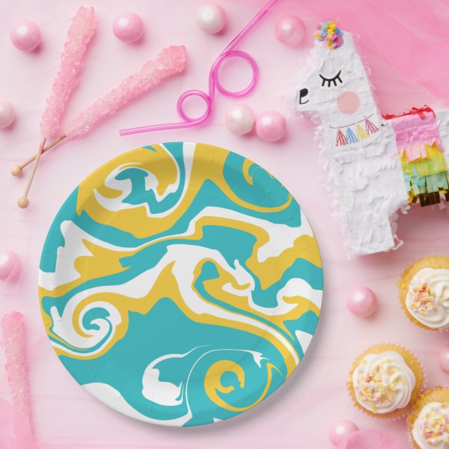 Prato De Papel Derramar - Turquesa e amarelo (Festa)