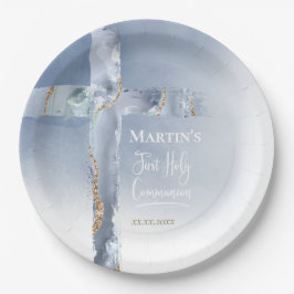 Prato De Papel Derrame azul agate cruz Primeira Comunhão