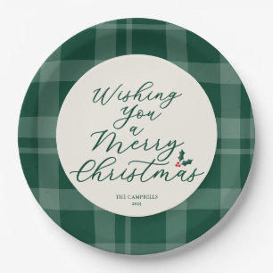 Prato De Papel Desejando um Feliz Natal Xadrez Verde Escuro