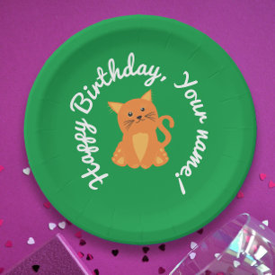 Prato De Papel Desejo de Aniversário Fofo Com Gatinho Laranja No
