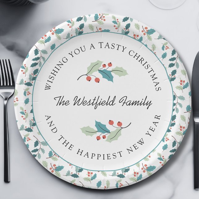 Prato De Papel Desejo-te uma Feliz Natal Holly Berries (Wishing You a Tasty Christmas Holly and Red Berries Round Paper Plate)