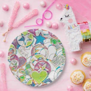 Prato De Papel Desenhado à Mão por EDDArt - Estrelas e Corações 1