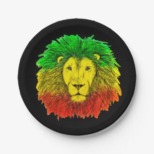 Prato De Papel Desenho da cabeça de leão Rasta vermelho amarelo v