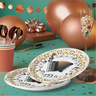 Prato De Papel Desenho de acordeão em preto e dourado elegante
