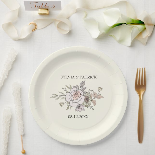 Prato De Papel Desenho de flores marfim casamento romântico (Casamento)