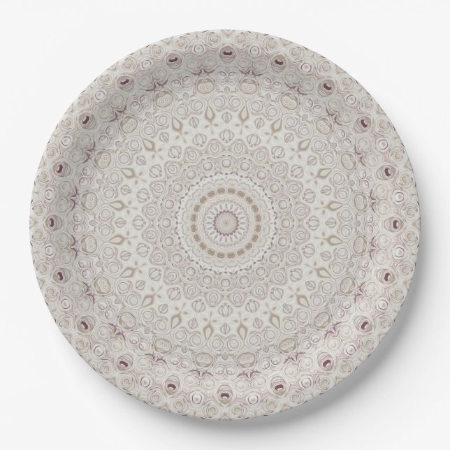 Prato De Papel Desenho de Padrão Mandala Bege e Taupe (Frente)