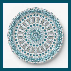 Prato De Papel Desenho de Padrão Mandala em Verde-Azul e Marfim