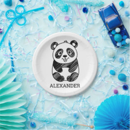 Prato De Papel Desenho de Panda Branco e Preto Minimalista