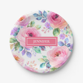 Prato De Papel Desenho do Nome Personalizado Floral Boho Nascer d